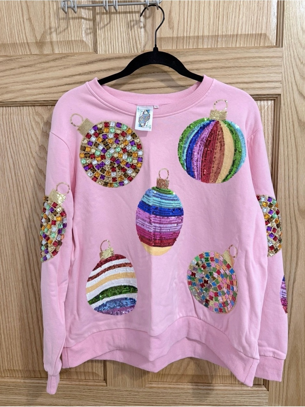 QUEEN OF SPARKLES Pink Sequin Ornament Pullover Sweatshirt